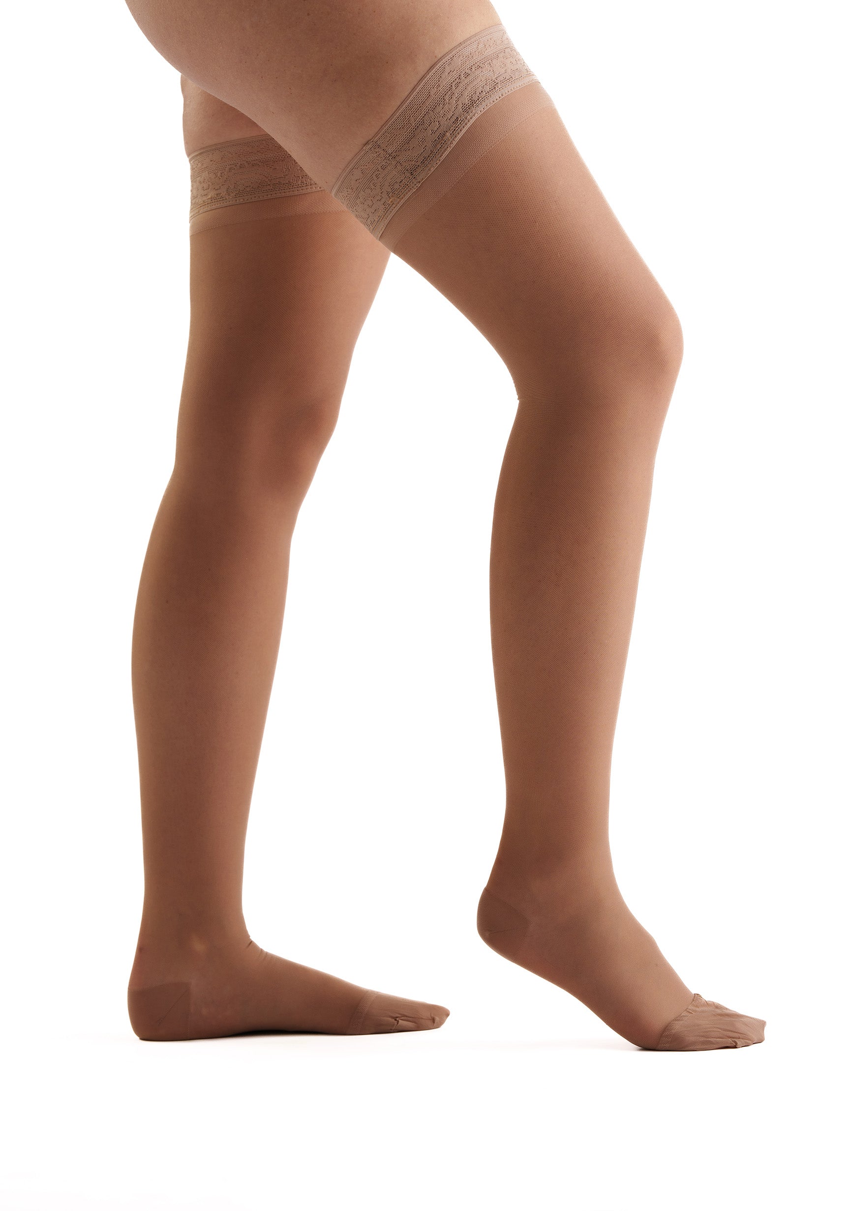EvoNation Everyday Sheer Women's 8-15 mmHg Thigh High with Lace Top Band.